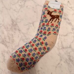 Anthropologie Beige Socks with Floral and Deer Design